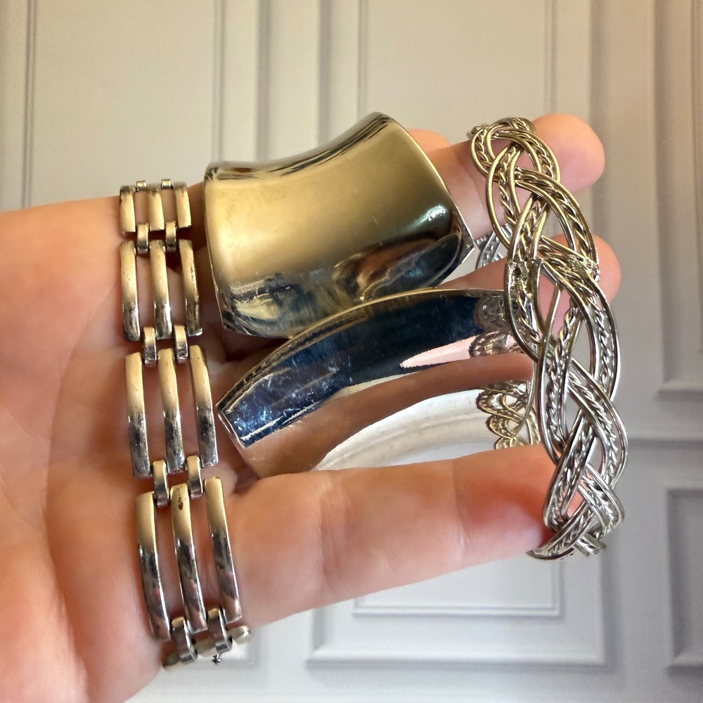 Lot of 3 Vintage Silver Tone Bracelets Monet Link Bangle Wide Cuff MCM Geometric